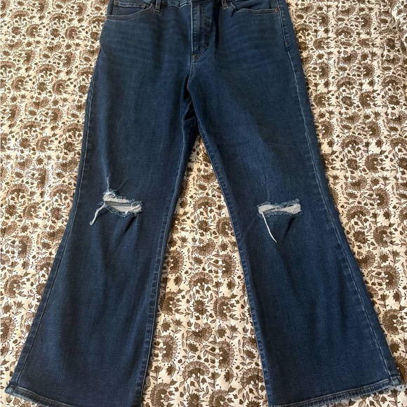Express Denim - Express Dark Blue Crop Flare Jeans with Knee Rips